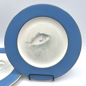 4 Lenox Fish Plates Hand Painted W H Morley Teal Gold Trim Bailey Banks Biddle